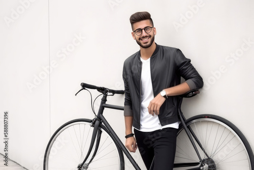 Young man with a bicycle on white wall background. Generative AI