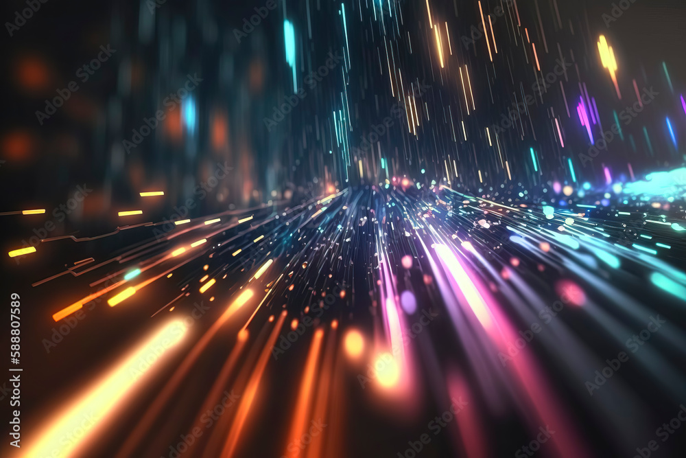 Velocity of Light: A High-Tech Concept Illustrating Speed and Futuristic Technology with Neon and Light Trails created with Generative AI technology