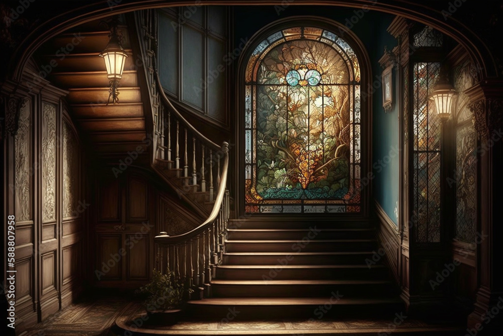 Staircase in an old mansion, next to a beautiful window with colored stained-glass windows. AI generated