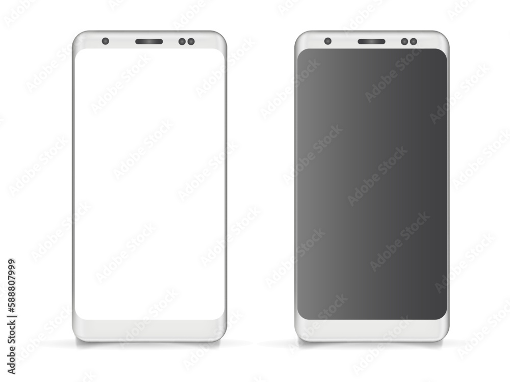 Set of realistic phone mockup. Modern stylish metal smartphone with white blank screen for writing area or object Set of realistic phone mockup. Modern stylish metal smartphone with white blank screen for writing area or object