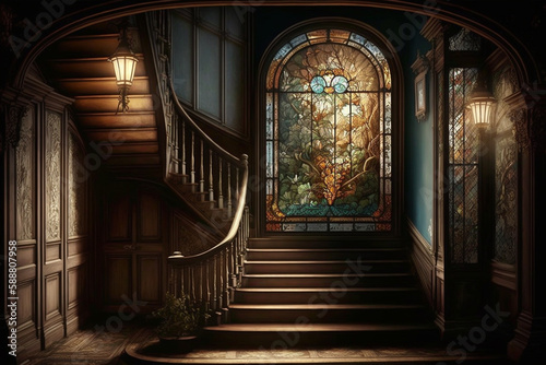 Staircase in an old mansion  next to a beautiful window with colored stained-glass windows. AI generated