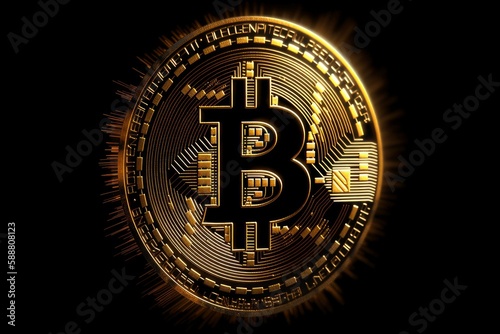 Illustration of a golden bitcoin with logo on a black background created with Generative AI technology