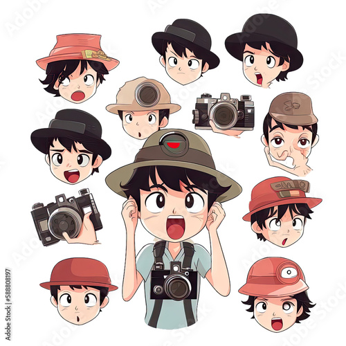 Surprised boy with a fedora and a camera - Multiple Expressions Same Characters 1
