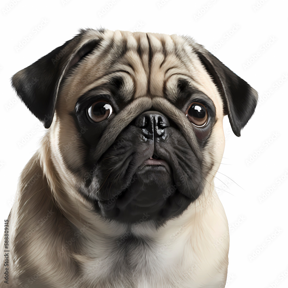portrait of a Mops in front of a white background. AI generated Art
