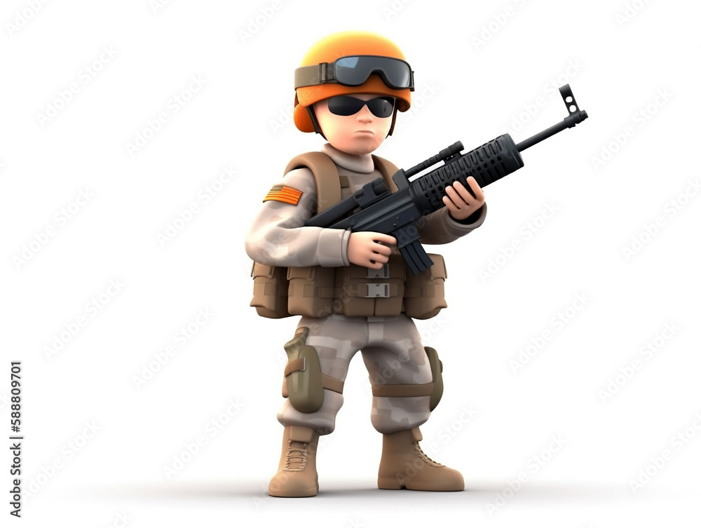 3D illustration showing a soldier in uniform and fully armed. Ready to be directed to carry out tasks. Cartoon images suitable for children. Isolated in white background. 3D illustration showing a soldier in uniform and fully armed. Ready to be directed to carry out tasks. Cartoon images suitable for children. Isolated in white background.