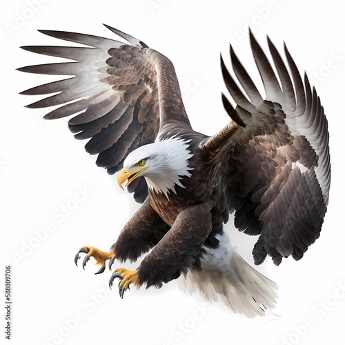 A bald Eagle is flying , white backround, AI generated Art