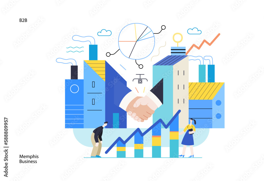Memphis business illustration. B2B -modern flat vector concept illustration of handshaking partners, industrial buildings and chart with managers. Corporate business partnership metaphor. Memphis business illustration. B2B -modern flat vector concept illustration of handshaking partners, industrial buildings and chart with managers. Corporate business partnership metaphor.