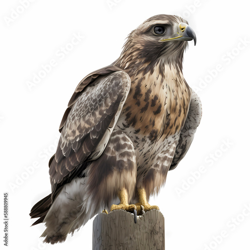 portrait of an buzzard who sits on a pole , white backround, AI generated Art