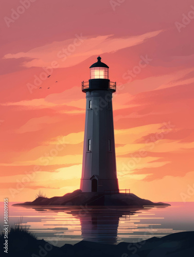 A lighthouse beacon glowing in the fading sunset.. AI generation.