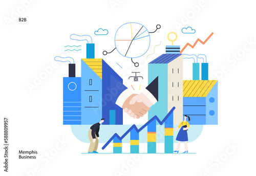 Memphis business illustration. B2B -modern flat vector concept illustration of handshaking partners, industrial buildings and chart with managers. Corporate business partnership metaphor.