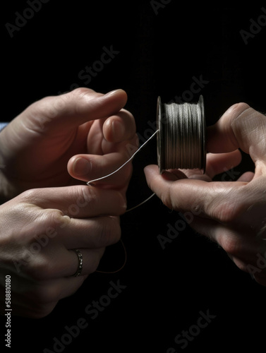 Two hands one tightly gripping a nickel and the other holding a thread from a spool forming a web.. AI generation.