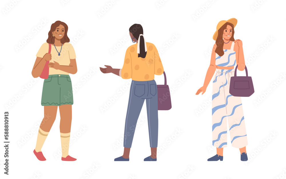 Women wearing stylish clothes walking and strolling. Isolated female characters with fashionable apparels and accessories. Vector in flat cartoon illustration