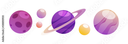 Planets and asteroids, isolated celestial bodies in row. Globe and spheres from galaxy or universe. Metaverse environment. Vector in flat cartoon illustration