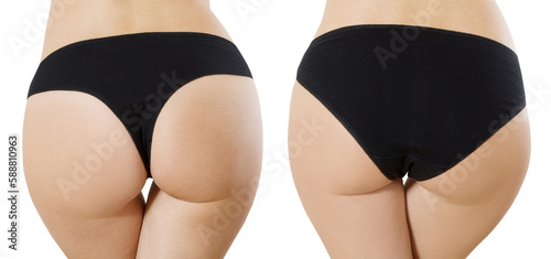 Types of panties. Back rear view. Closeup Women set of different black underwear with blank template mockup background. Place for copy space. Female hips concept, hygiene, periods. Hair removal banner