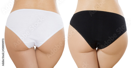 Types of panties. Back rear view. Closeup Women set of different white black underwear, blank template mockup background. Place for copy space. Female hips concept, hygiene hair removal