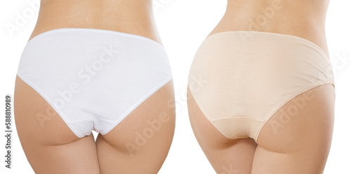 Types of panties. Back rear view. Closeup Women set of different flesh-colored beige underwear with blank template mockup background. Place for copy space. Female hips concept, hygiene, periods