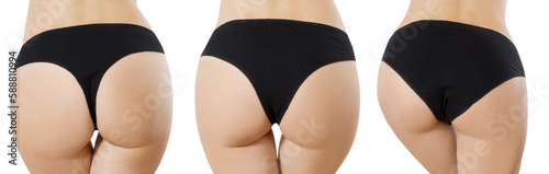 Types of panties. Back rear view. Closeup Women set of different black underwear with blank template mockup background. Place for copy space. Female hips concept, hygiene, periods. Hair removal banner