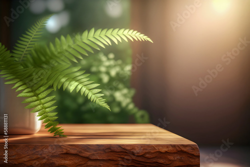 Wooden table with fern plant on blurred bathroom interior background. Scene stage showcase for beauty and spa products, cosmetics, promotion sale or advertising. Front view, copy space. Generative ai © KRISTINA KUPTSEVICH