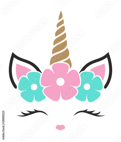 Unicorn face with flowers. Vector illustration.  photo