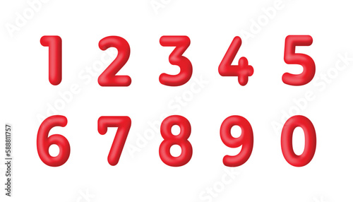 Red 3d numbers vector set characters. One, two, three, four, five, six, seven, eight, nine, zero. 1,2,3,4,5,6,7,8,9,0. Decorative elements for banner, birthday or anniversary party