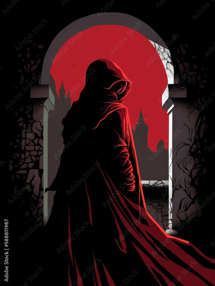 A hooded figure stands from the shadows of an old castle its eyes a deep crimson red. Gothic art. AI generation. A hooded figure stands from the shadows of an old castle its eyes a deep crimson red. Gothic art. AI generation.