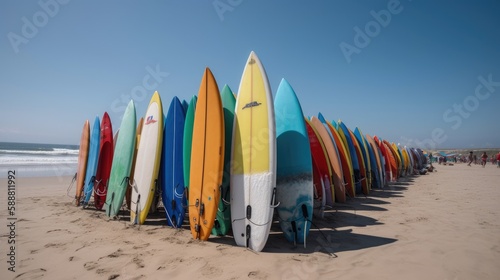 Surfboards in a Row: A Beach-Side View, AI-Generated 