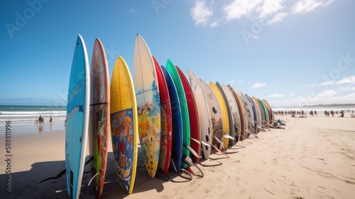 Surfboards in the Sand: A Wide-Angle Canon EOS R Shot, AI-Generated 