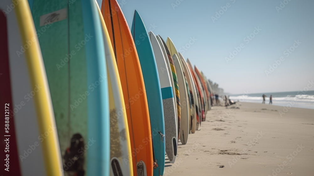 Surf's up, colors abound: A lineup of colorful surfboards on a sunny day
