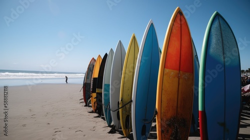 Waves of color: A colorful array of surfboards waiting to hit the ocean 