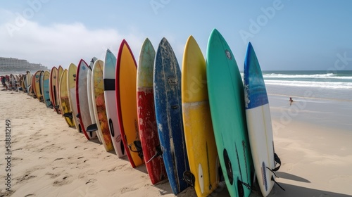 Riding the waves: A lineup of colorful surfboards ready for action 