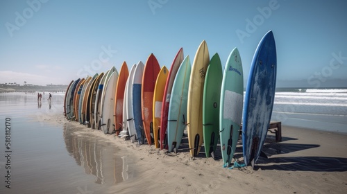 Sun, sand, and surfboards: A colorful display on the beach, AI generative 