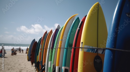 A rainbow of boards: A collection of colorful surfboards waiting for their riders 