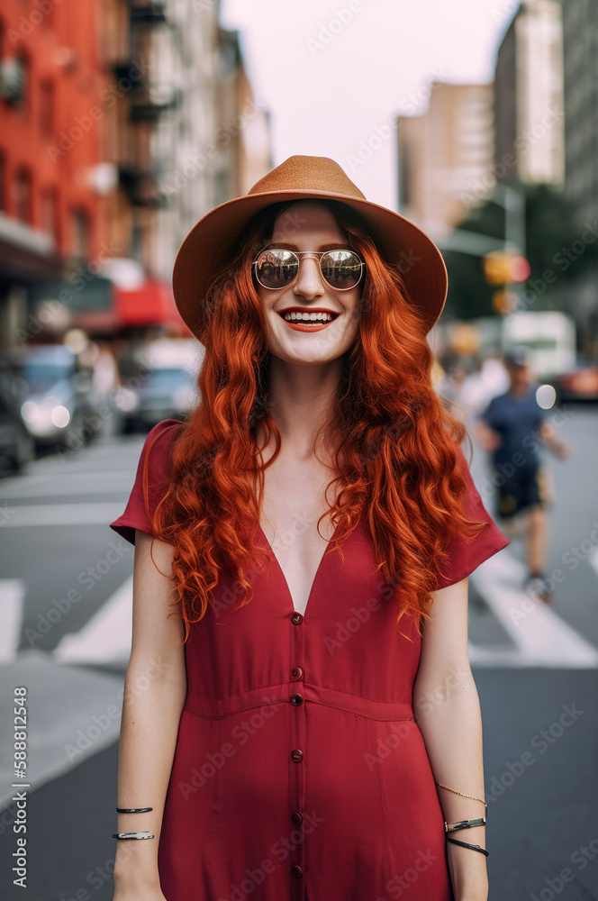 Beautiful red-haired girl in her 20s in a hat and sunglasses in a fashionable dress on the streets of new york in sunlight