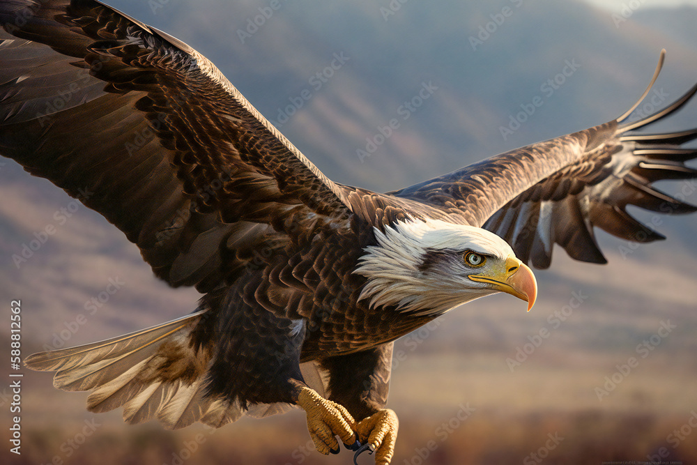 Fototapeta premium A bald eagle in flight in nature. Created with Generative AI technology.