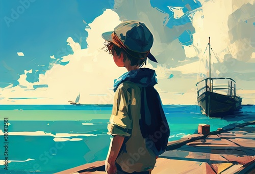 Boy in port illustration. AI generative.