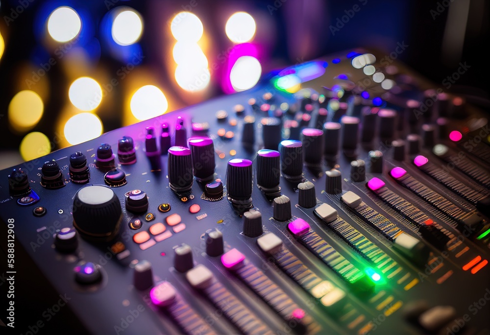 Sound mixer closeup with glowing light. Equalizer illustration. AI generative.