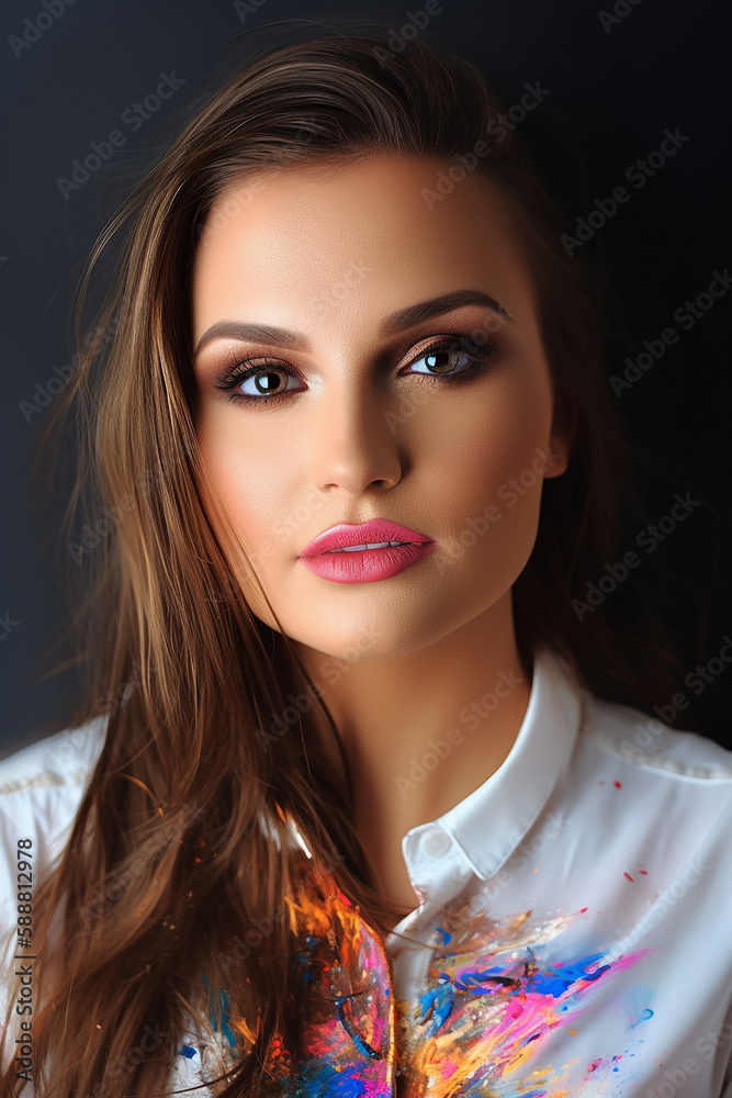 retrato de beleza de linda mulher atraente com tinta na camisa retrato de beleza de linda mulher atraente com tinta na camisa