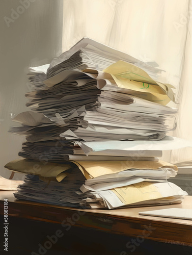 A stack of papers tered on a table lined up in a specific order.. AI generation. photo