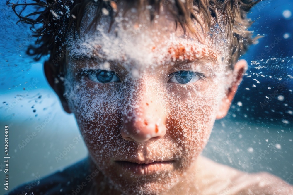 The visage of a boy taking a bath on the seashore ,Close up view, with Generative AI technology