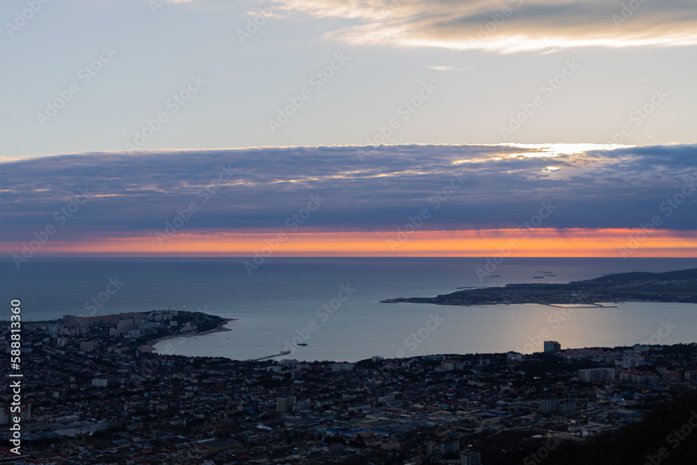 View of the Black Sea and the city from the observation deck. Gelendzhik. Russia. 01.04.2023