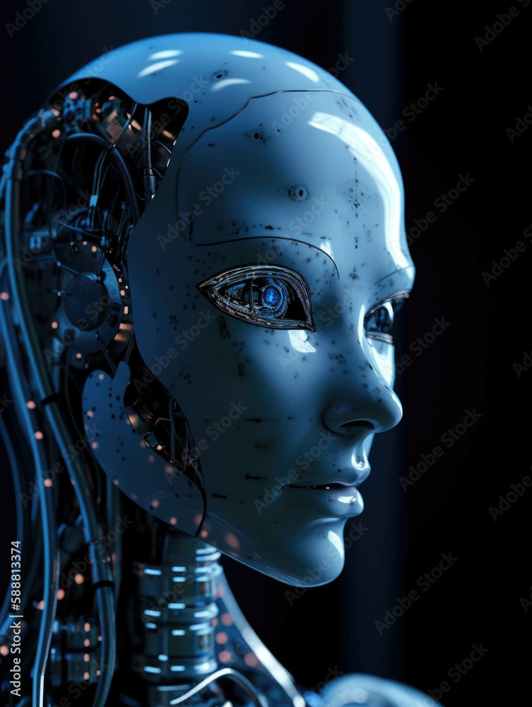 A portrait of a robotic figure with glowing eyes denoting the potential of transhumanism to redefine our relationships with machines.. AI generation.