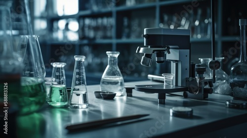 Laboratory equipment closeup, science themed background, showcasing test tubes, beakers, microscope, highlighting research, discovery, and innovation, ample copy space, generative ai illustration