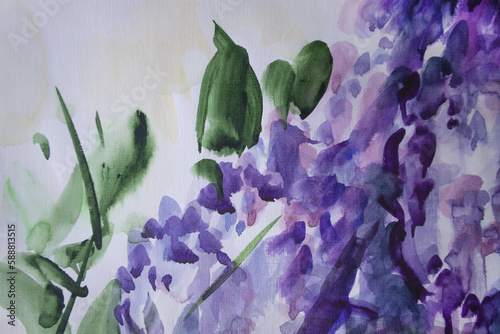 bstract flower background. Lilac branch with leaves. Beautiful digital watercolor illustration.