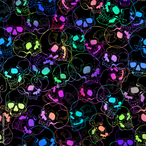 Seamless pattern of colorful skulls on a black background