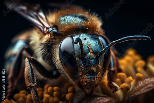 Honey bee macro photo. Insect pollination macro close up. Bee looking for nectar. Honeybee beekeeping pollination season. Ai generated © dragomirescu