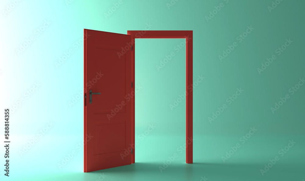 Open the door. Red door, open entrance in green background room. Architectural design element. Modern minimal concept. Opportunity metaphor. Open the door. Red door, open entrance in green background room. Architectural design element. Modern minimal concept. Opportunity metaphor.