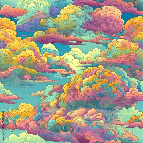 Seamless pattern of magnificent and realistic calming clouds  in beautiful colors that are welcoming  sunny  and bright. AI generation