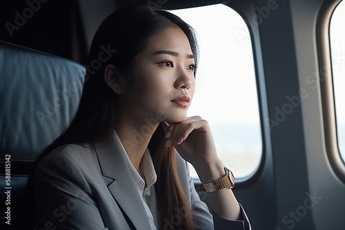 Mulher asiática pensando em trabalhar no conceito de avião Viagens de negócios e conceito de tecnologia © Alexandre