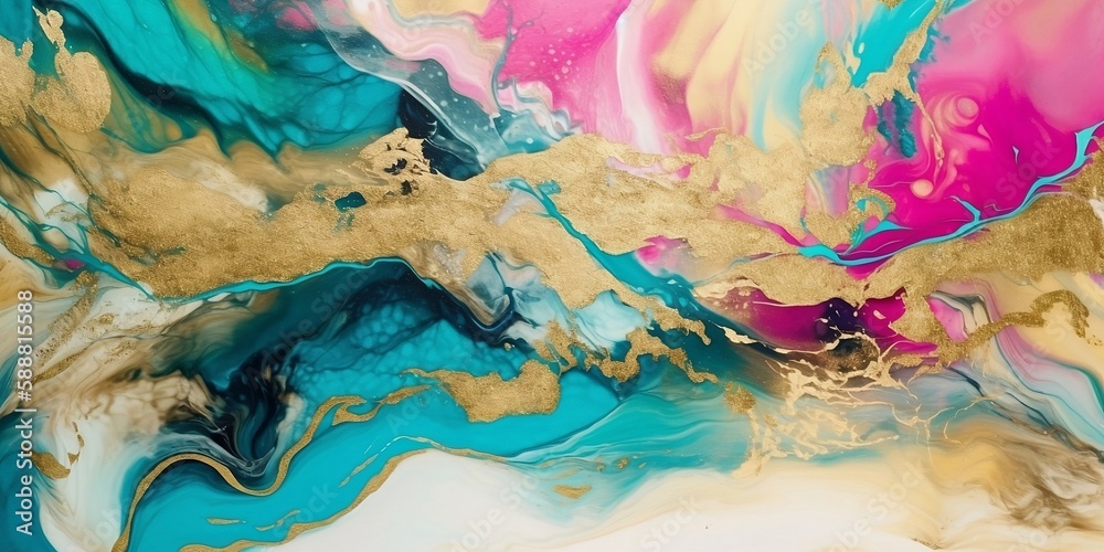 Luxury abstract fluid art painting in alcohol ink technique. Transparent waves and colorful swirls. Marble effect, painted texture, smooth marbled background, pattern of ombre. Image is AI generated.