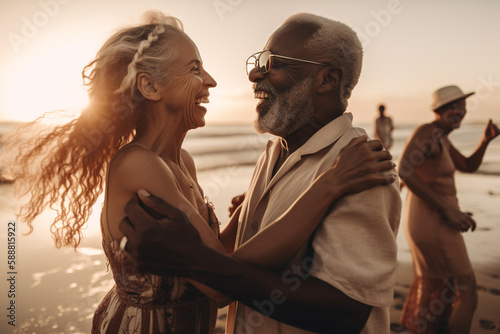 happy elderly couple dancing on the seashore. Generative AI